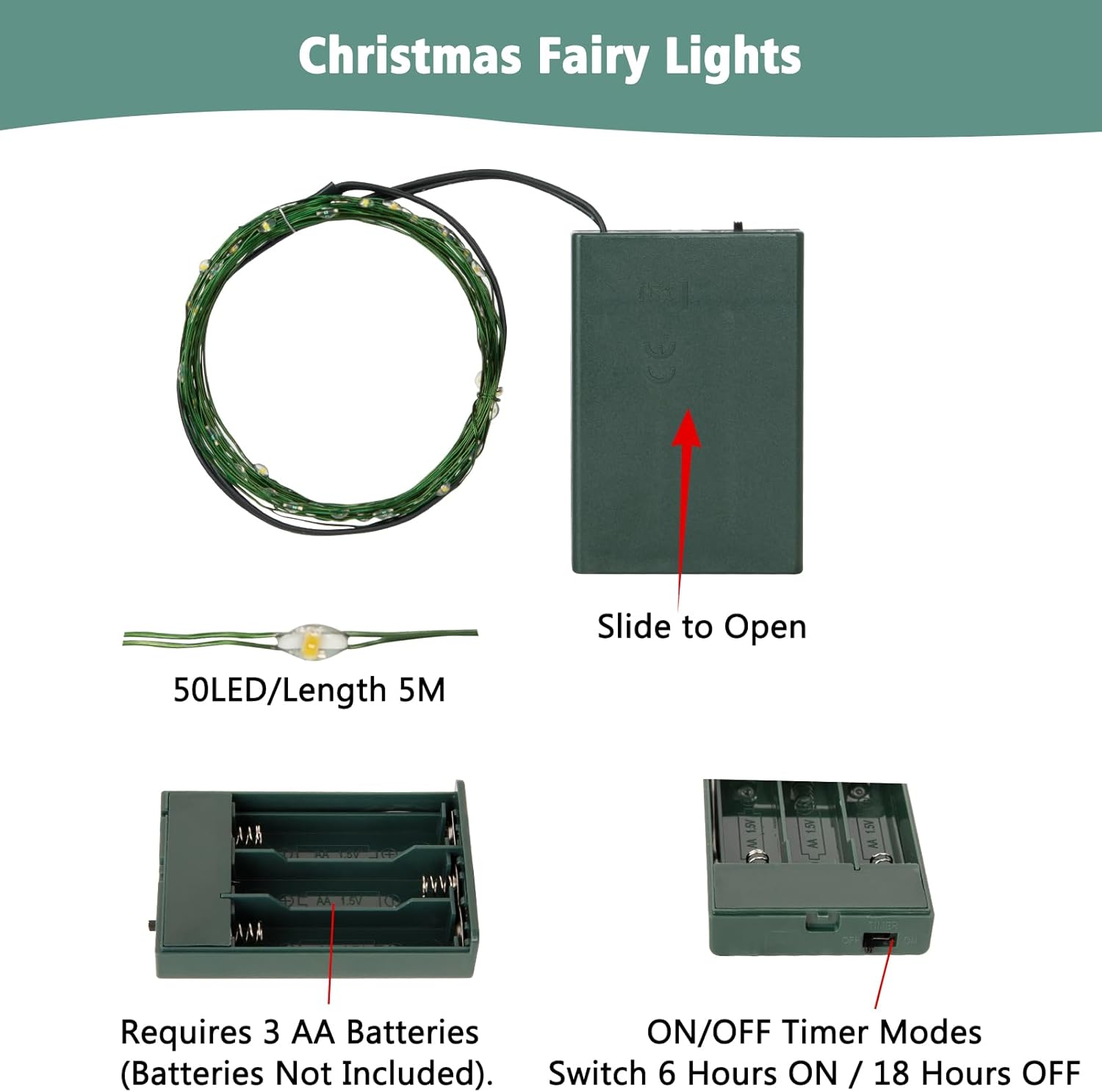 Brightever Twinkle Lights – Simple Scandinavian Home Accent, 16.4FT Battery Operated LED Lights Dark Green Wire 2 Pack