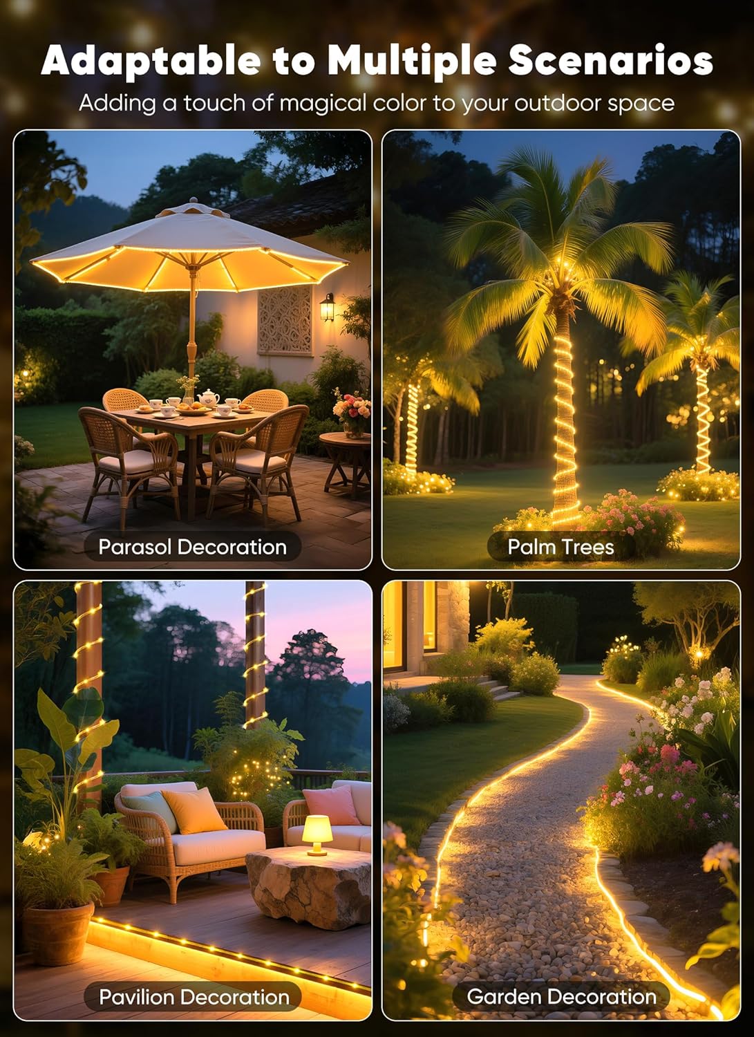Brightown Solar String Lights – All-Weather IP65 Outdoor Rope Lights for Fence Line, Gazebo & Open-Air Dining Spaces
