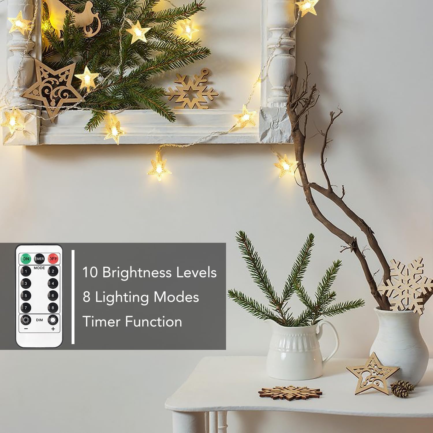 Brightown Star String Lights – Romantic Home Ambiance for Wall and Headboard Styling, 17ft Battery Operated Star Fairy Lights Dimmable