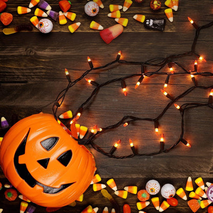 Brizled Candy Corn Lights – Spooky Seasonal Home Aesthetic for Fireplace Mantel and Bookshelf Styling
