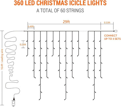 Brizled Color Changing Icicle Lights – Window Frame Holiday Display, Dimmable Remote Control 360 LED