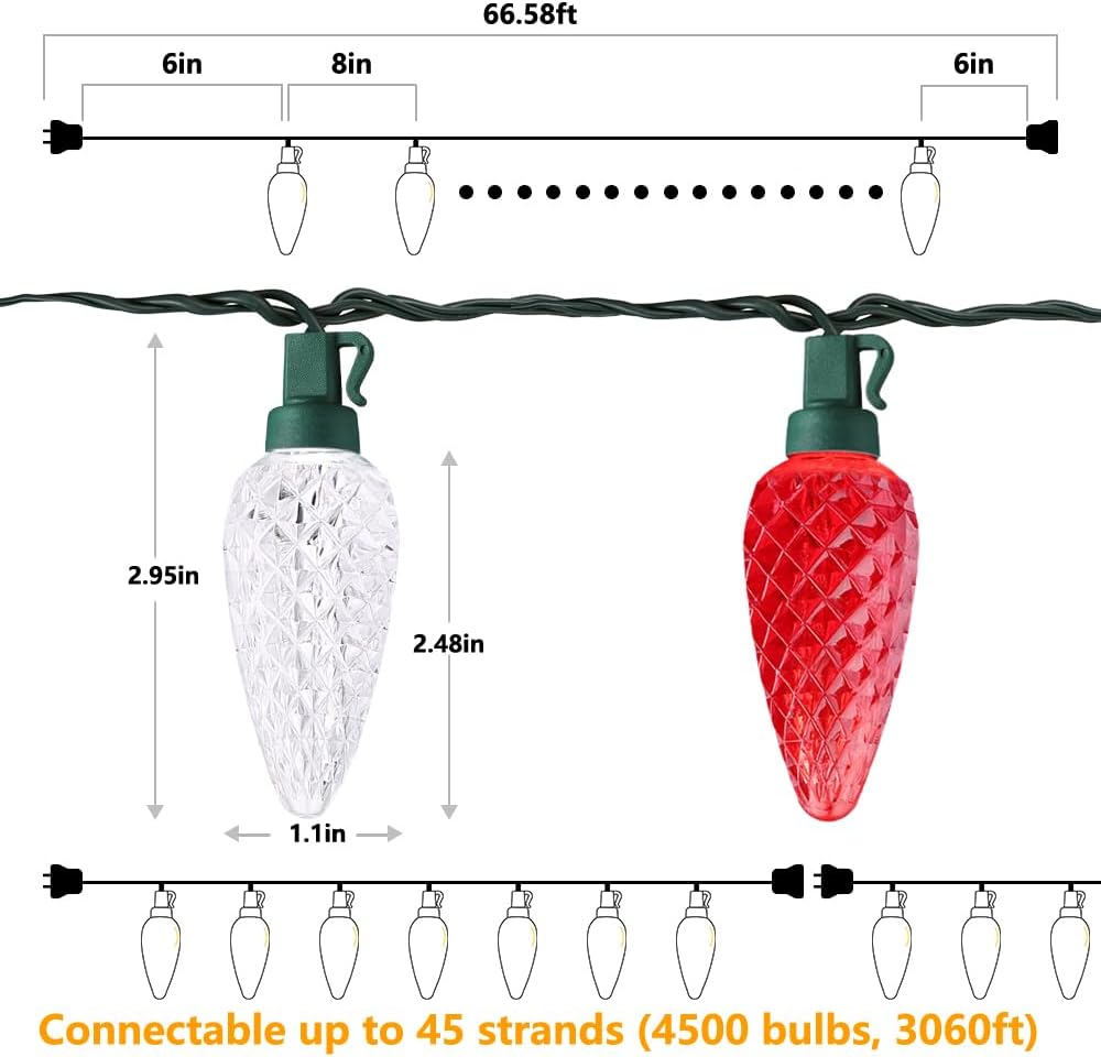 Brizled Red and Cool White C9 Lights for Garden and Deck, 66FT IP67 Connectable Outdoor String