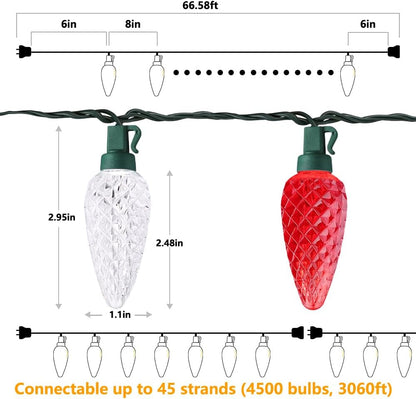 Brizled Red and Cool White C9 Lights for Garden and Deck, 66FT IP67 Connectable Outdoor String