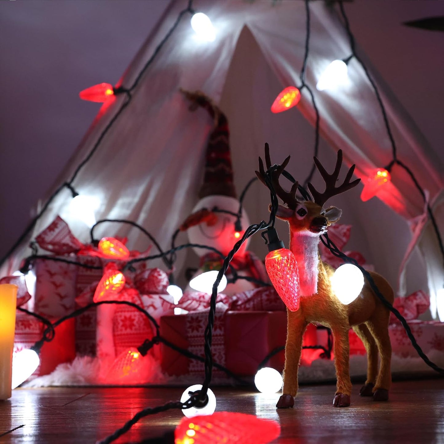 Brizled Red and Cool White C9 Lights for Garden and Deck, 66FT IP67 Connectable Outdoor String