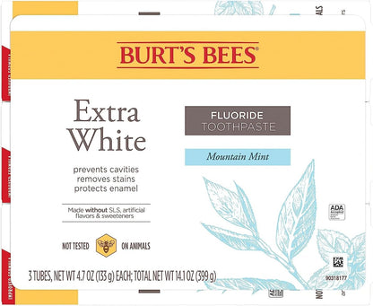 Burt's Bees Extra White Toothpaste – ADA-Accepted Fluoride Paste Without Harsh Chemicals for Peace of Mind, 4.7 oz Pack of 3
