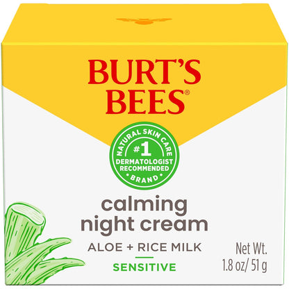 Burt's Bees Gentle PM Face Cream with Aloe and Rice Milk – Family-Friendly Natural Sensitive Skin Moisturizer for Parent's Nightly Routine