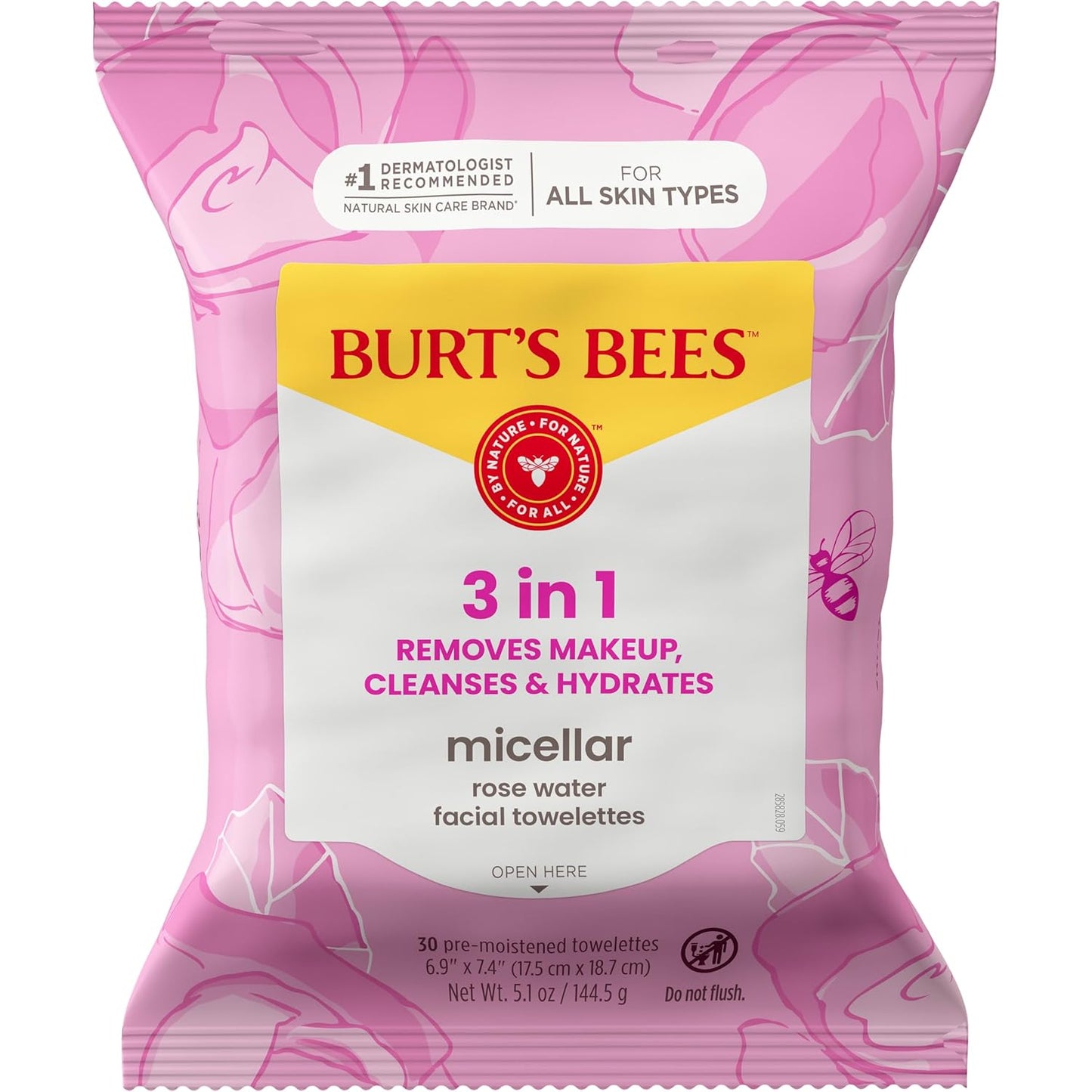 Burt's Bees Micellar Rose Water Cleansing Wipes – Mid-Day Focus Break for the Office, Plant-Based Makeup Remover