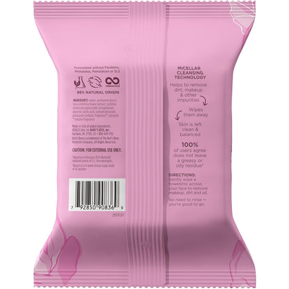 Burt's Bees Micellar Rose Water Cleansing Wipes – Mid-Day Focus Break for the Office, Plant-Based Makeup Remover