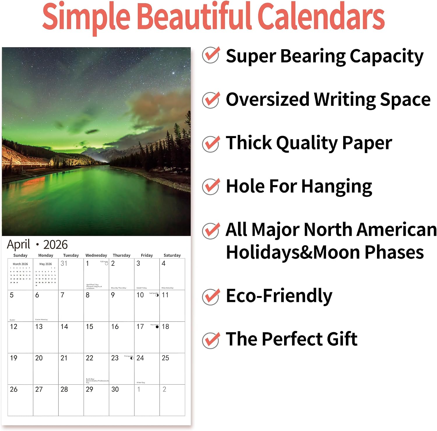Calendars by LA Calendars 2026 Wall Calendar – Valentine's Day Gift for Her, Decorative Aurora & Coastal Designs