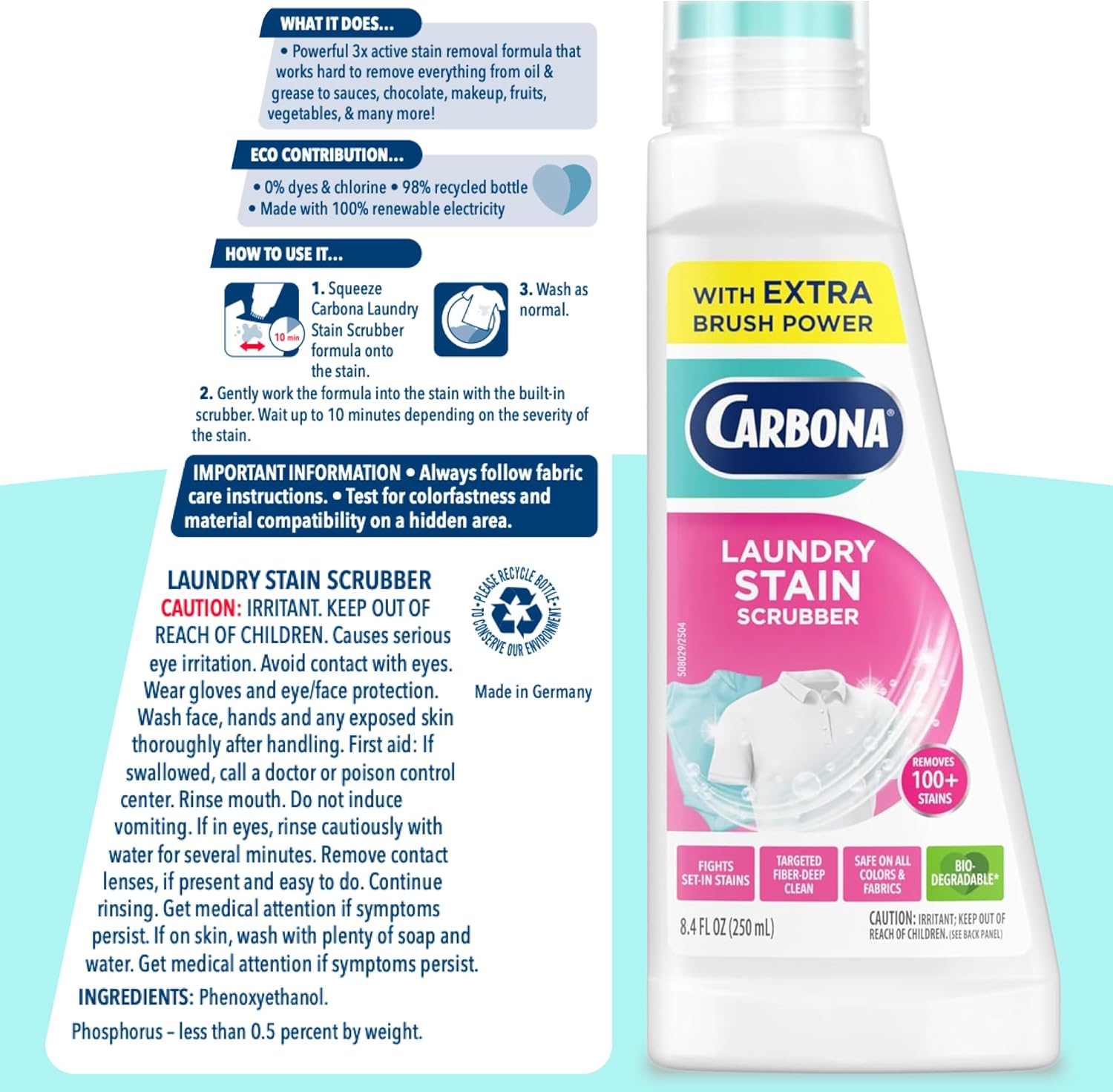 Carbona Laundry Stain Scrubber & Remover – Kids' Clothing Stain Pre-Treat for Daycare Outfits, Snack and Juice Messes