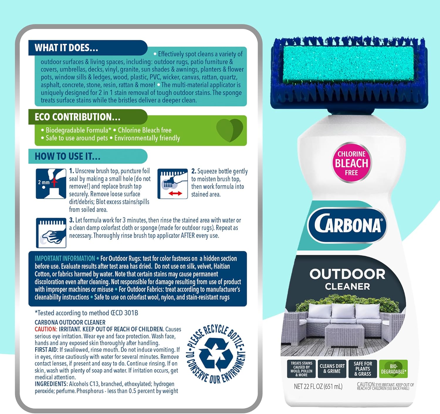 Carbona Oxy Powered Outdoor Cleaner with Built-In Brush (22 Fl Oz) – Child-Safe Swing Set and Playset Cleaner for Mold and Pollen