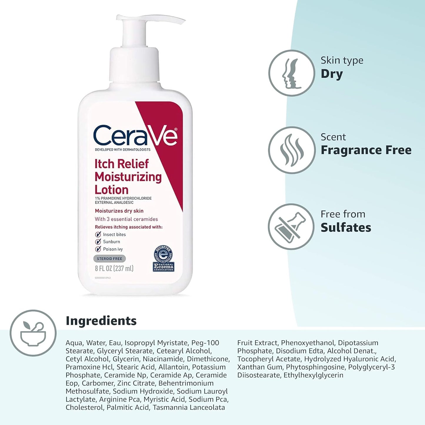 CeraVe Anti-Itch Pramoxine Lotion for Bedside Self Care Routine, Fragrance Free Hydration for Sensitive Skin 8 oz