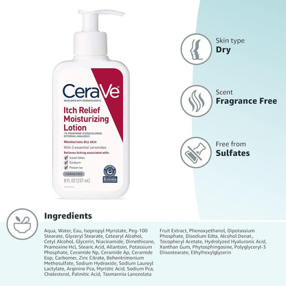 CeraVe Anti-Itch Pramoxine Lotion for Bedside Self Care Routine, Fragrance Free Hydration for Sensitive Skin 8 oz
