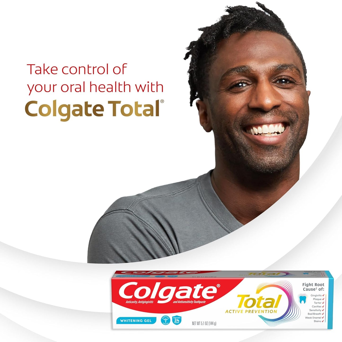 Colgate Total Active Prevention Whitening Gel – Trusted Colgate Total for Growing Smiles in the Shared Family Bathroom, 4 Pack 5.1 oz