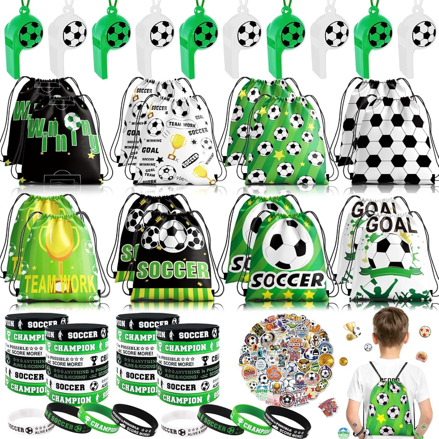 complete 98-piece set: 16 whistles, 16 drawstring bags, 50 stickers, 16 silicone bracelets