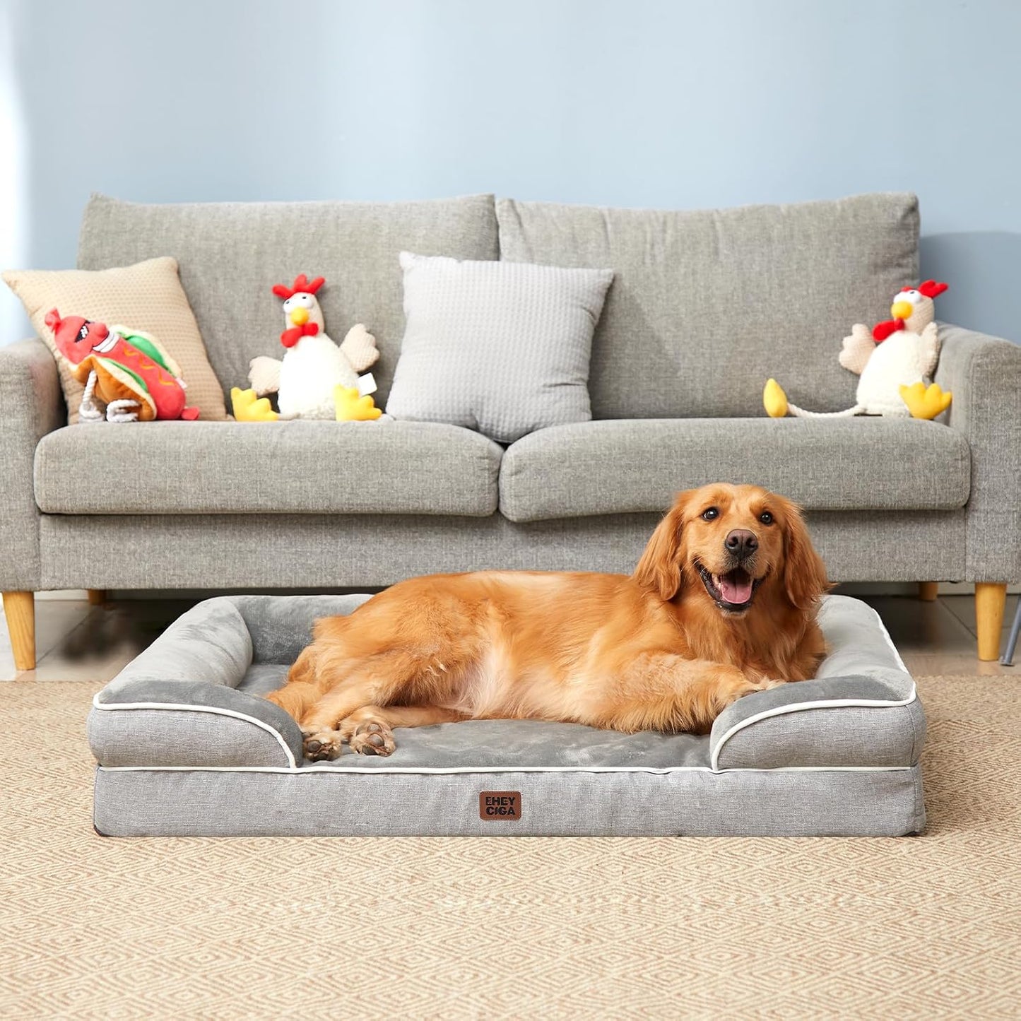 EHEYCIGA Orthopedic XL Dog Bed – Pressure-Relief Memory Foam Lounger for Aging Joints, Washable Bolster Couch