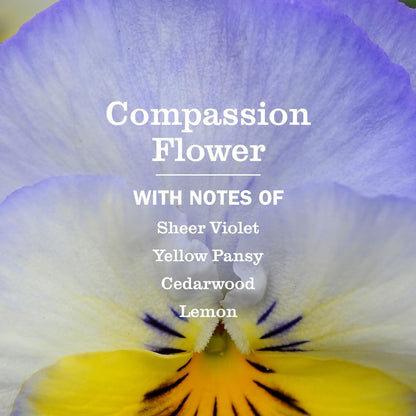 essential oil-based compassion flower fragrance (violet, pansy, cedarwood, lemon notes)