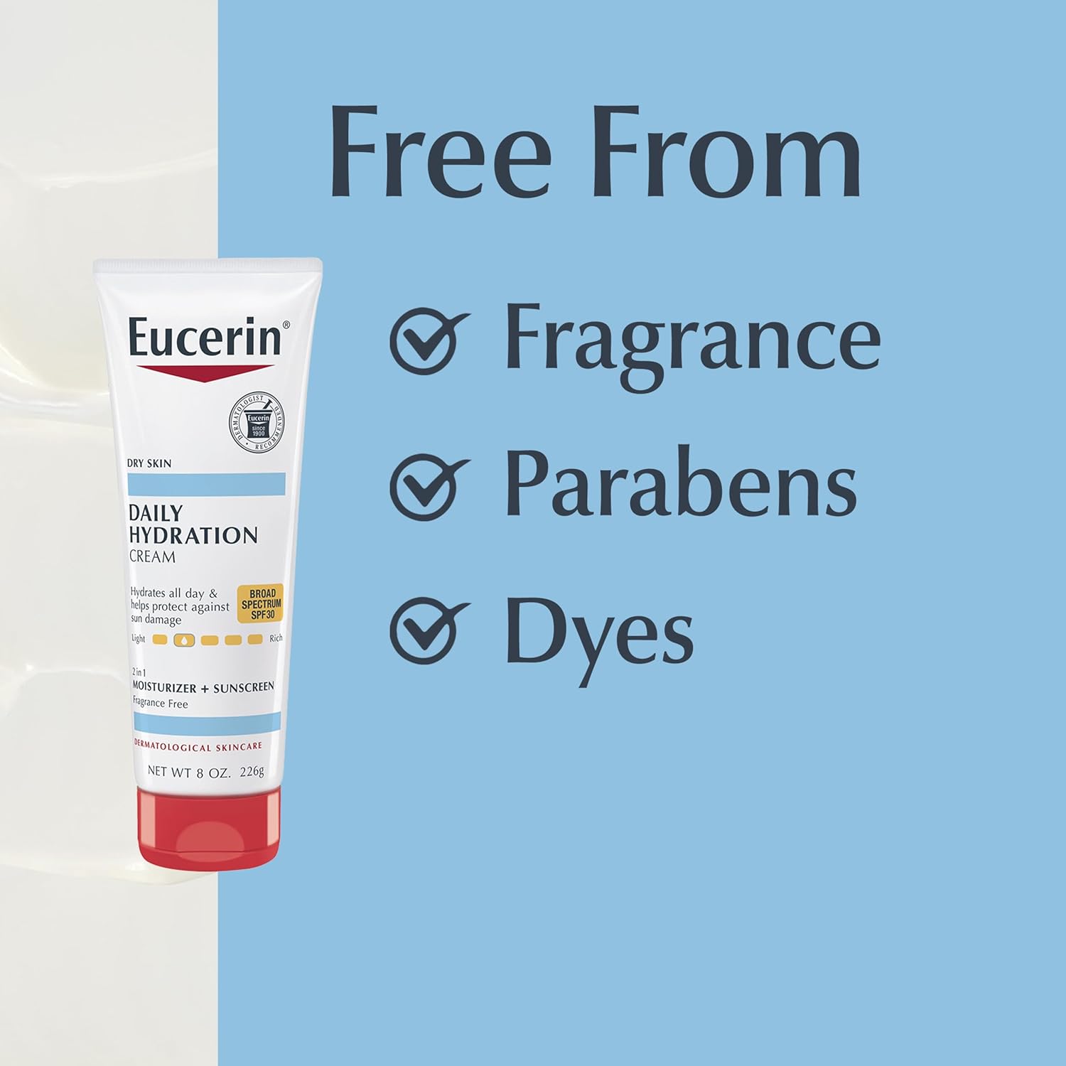 Eucerin Sensitive Skin Sunscreen Body Cream SPF 30 – Dye-Free Broad Spectrum Daily Protection, 8 Oz