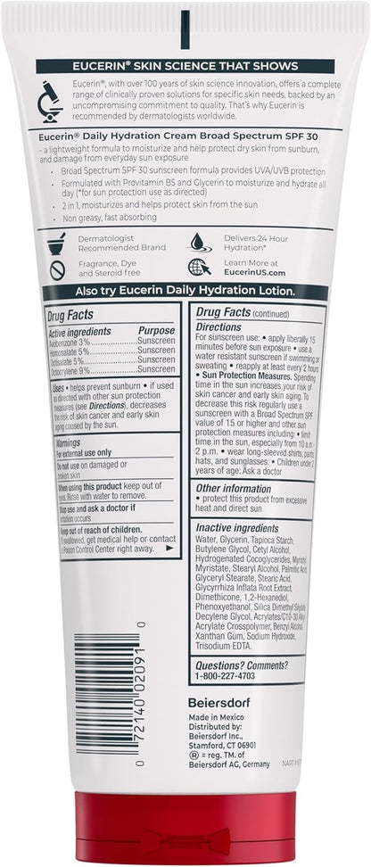 Eucerin Sensitive Skin Sunscreen Body Cream SPF 30 – Dye-Free Broad Spectrum Daily Protection, 8 Oz