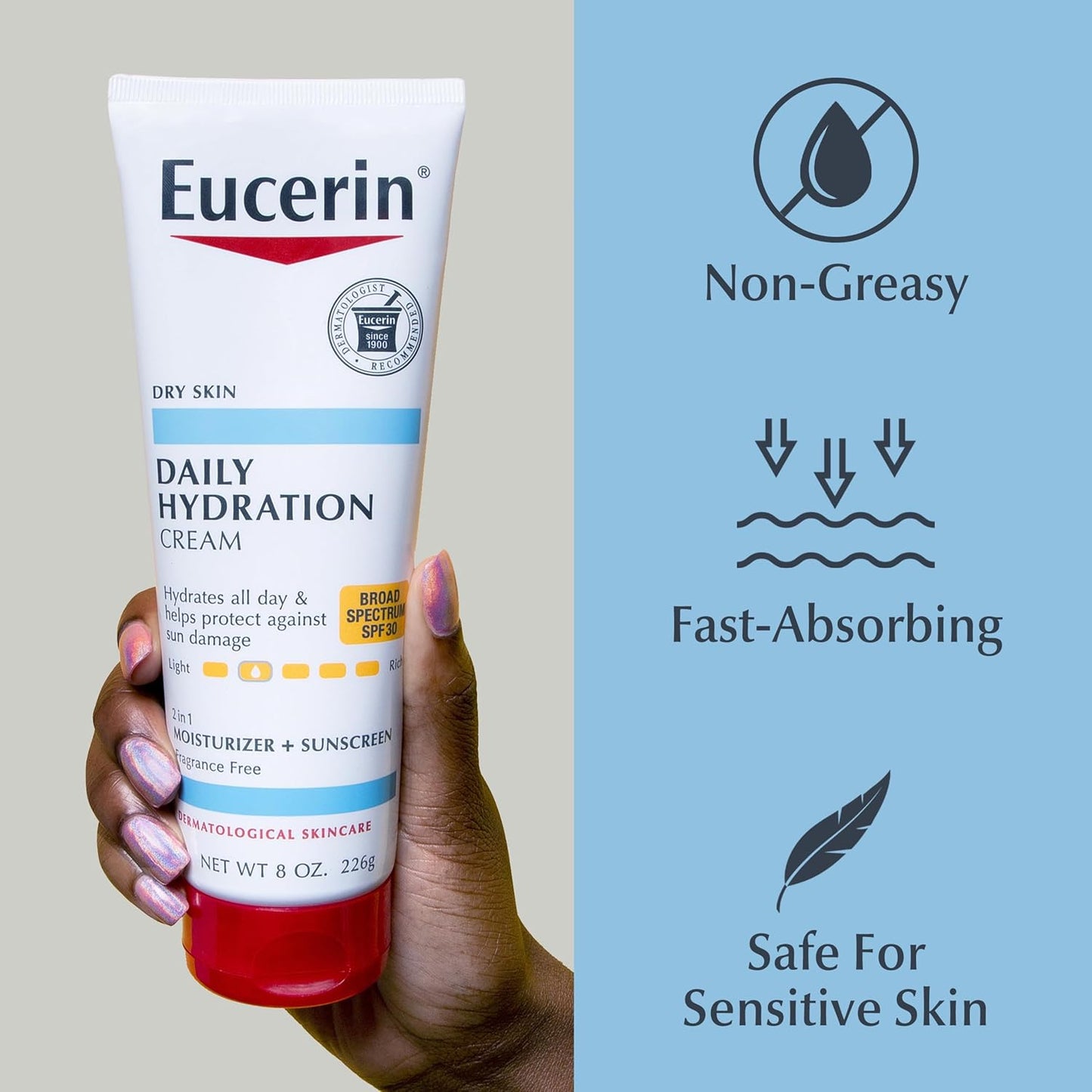 Eucerin Sensitive Skin Sunscreen Body Cream SPF 30 – Dye-Free Broad Spectrum Daily Protection, 8 Oz