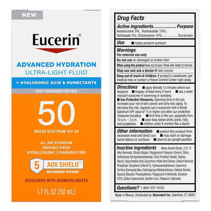 Eucerin Sun Advanced Hydration SPF 50 – Intentional Skincare for the Capsule Bathroom, Fragrance-Free Invisible Face SPF Fluid