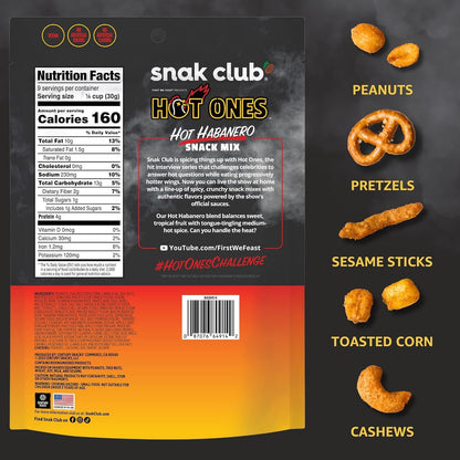 five-component mix: spicy peanuts, pretzels, sesame sticks, toasted corn, and cashews