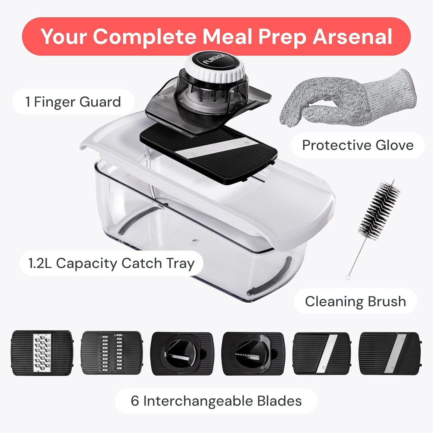 Fullstar Vegetable Spiralizer with Catch Tray – 5-Cup High-Volume Slicer for Batch Cooking and Time-Saving Prep, White 6-in-1