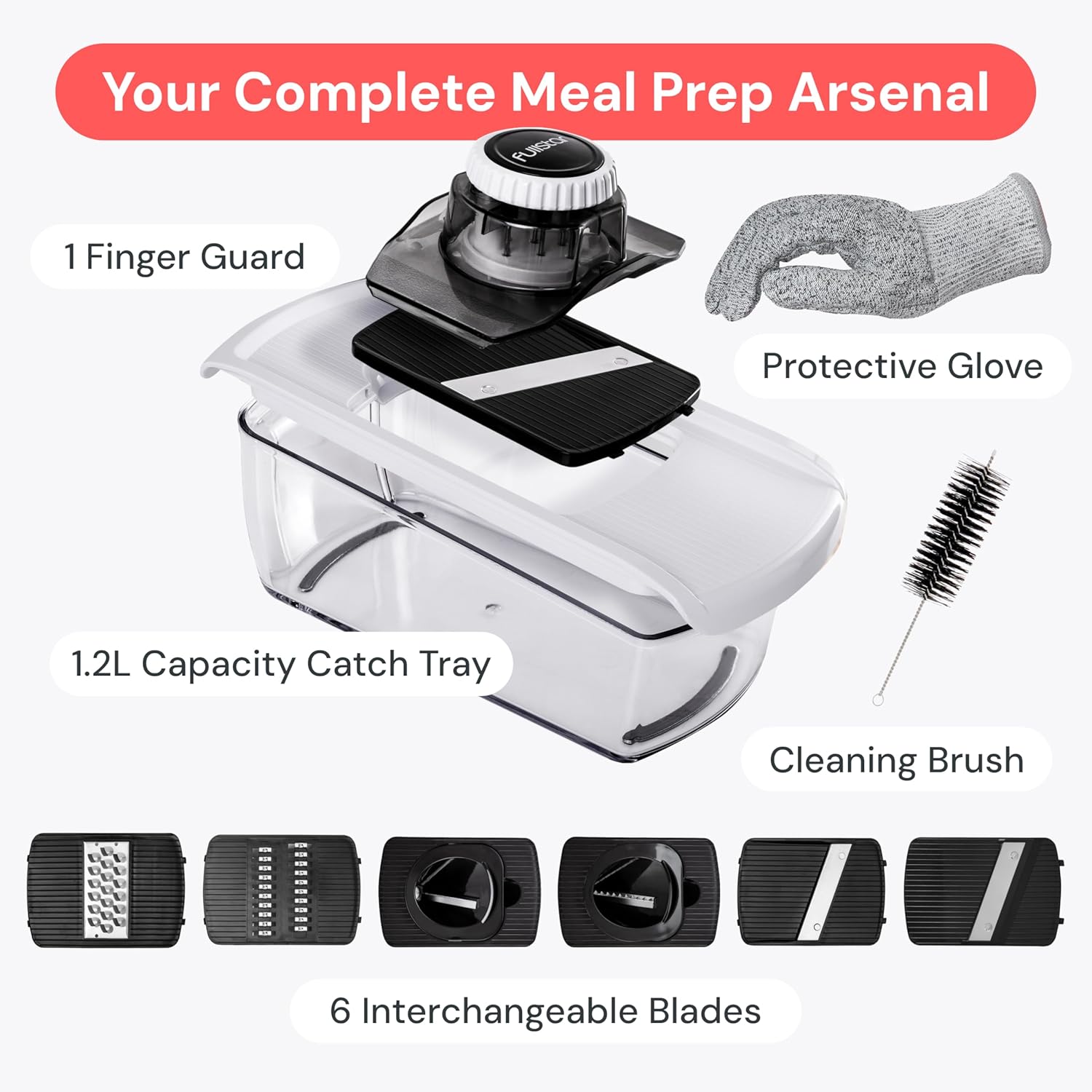 Fullstar Vegetable Spiralizer with Catch Tray – 5-Cup High-Volume Slicer for Batch Cooking and Time-Saving Prep, White 6-in-1