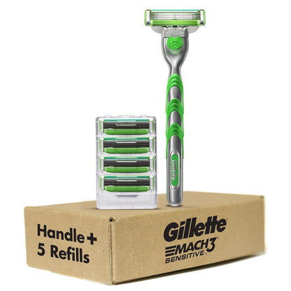Gillette Mach3 Sensitive Shaving System – Mindful Grooming Ritual with Lubricating Strip, 1 Handle and 5 Refills
