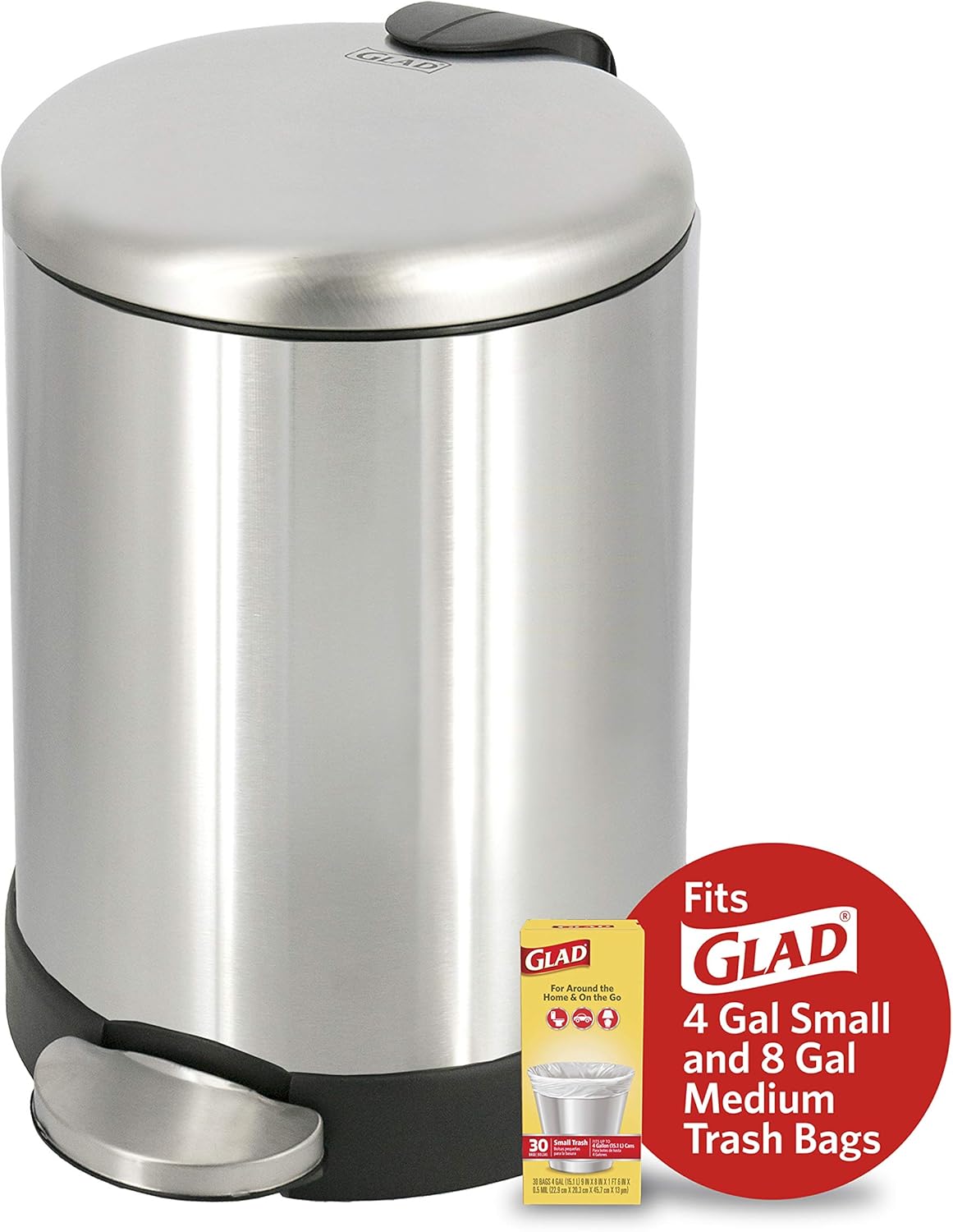 Glad 1.2 Gallon Round Trash Can with Soft Close Lid – Sleek Metal Bin for Minimalist Vanities and Half-Baths
