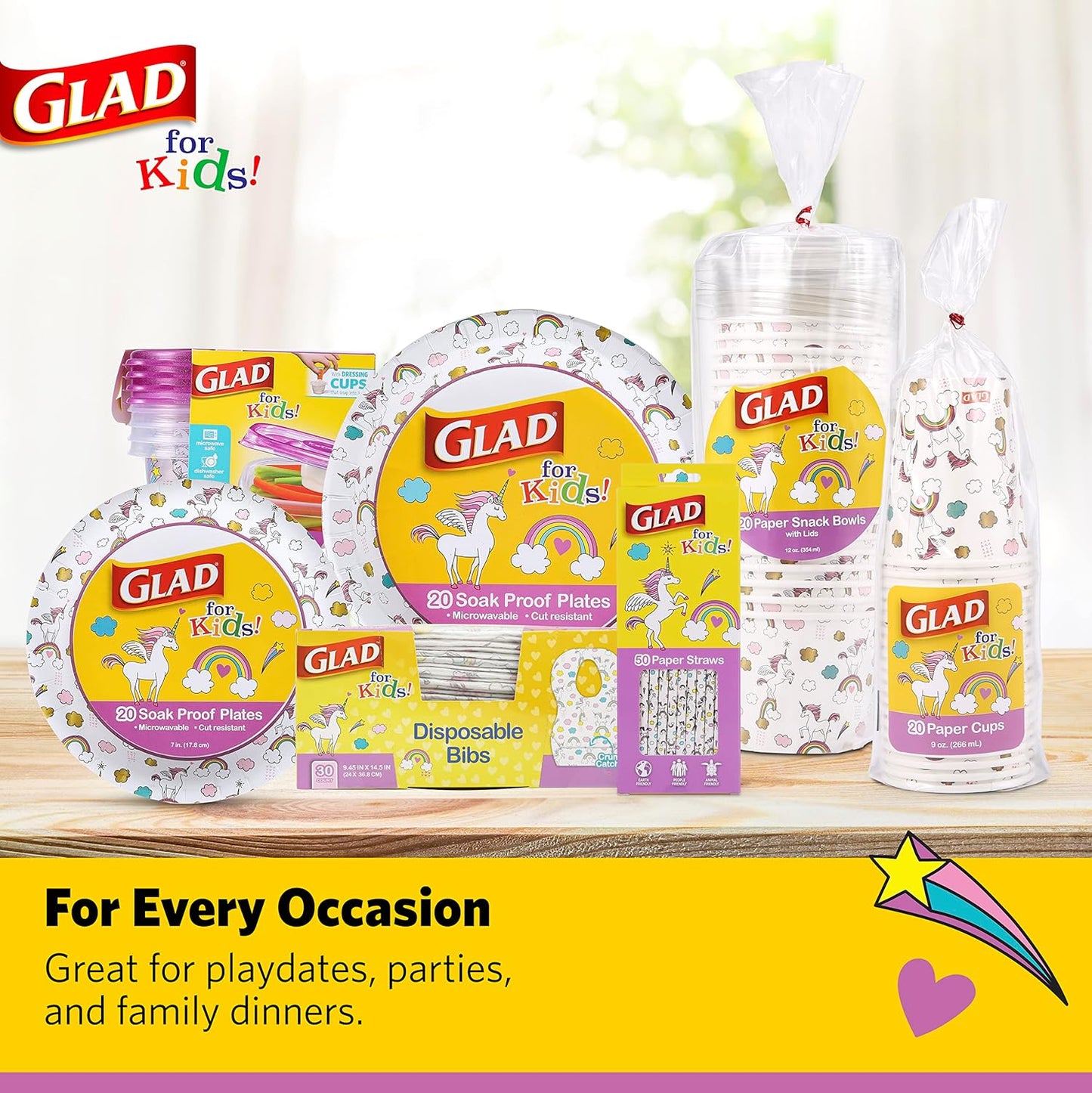 Glad for Kids Unicorn Paper Bibs, Effortless Single-Use Bibs for Intentional Parents Who Skip the Laundry Pile, 30 Count