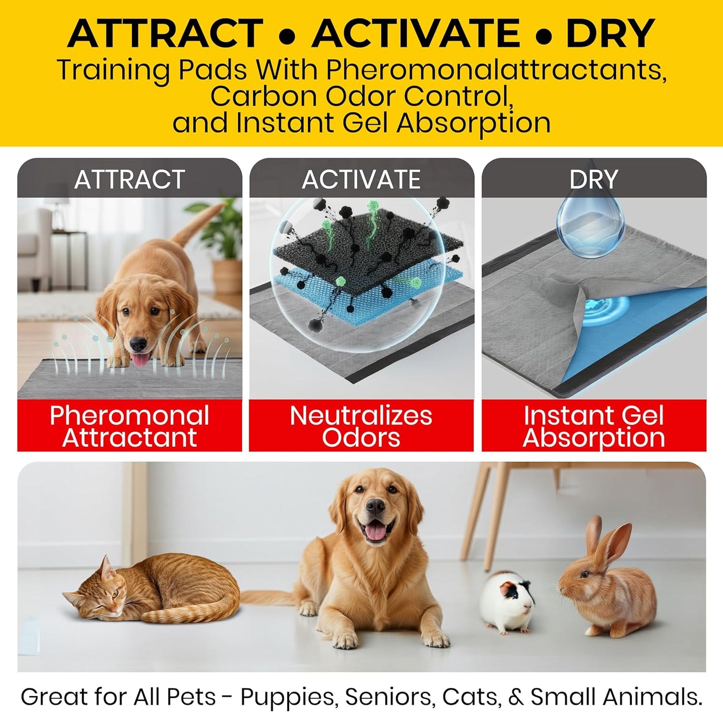 Glad for Pets Black Charcoal Puppy Pads - Senior Dog Bedside Incontinence Care, Anti-Microbial 30 Count