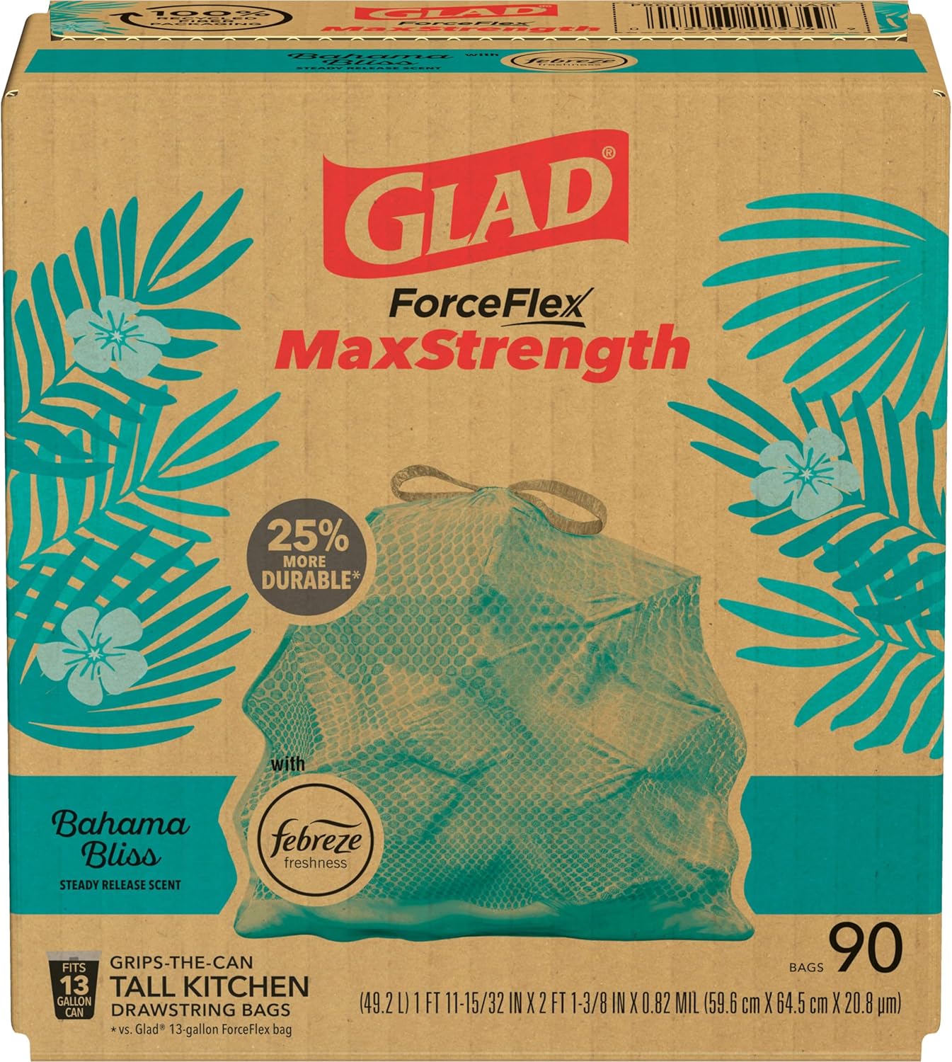 Glad ForceFlex MaxStrength Kitchen Trash Liners 13 Gallon — Streamlined Drawstring Closure for an Uncluttered, Intentional Home, Febreze, 90 Pack