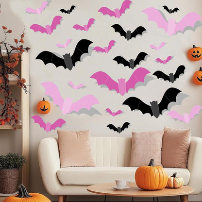 Halloween Party Host Gift – 72 Pcs 3D Bat Wall Decals, Foldable PVC Stickers in 3 Colors and 12 Sizes for Spooky Home Makeovers