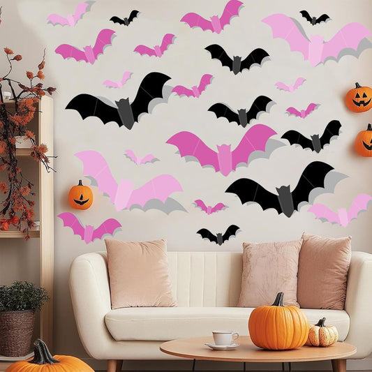 Halloween Party Host Gift – 72 Pcs 3D Bat Wall Decals, Foldable PVC Stickers in 3 Colors and 12 Sizes for Spooky Home Makeovers