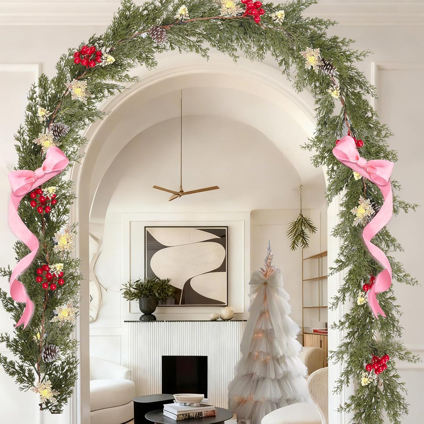HolyNook Studio Faux Greenery Garland – Intentional Holiday Styling with Simple Warm White Twinkle