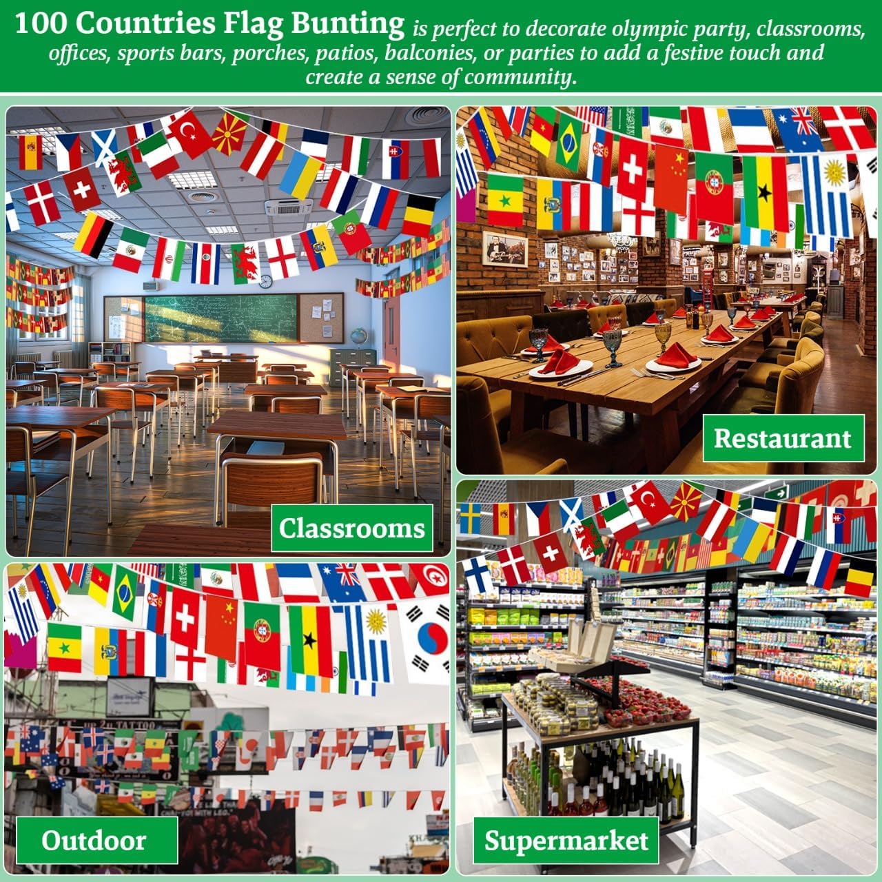 International Office Decor Flag String – 100-Country Bunting for Professional Study Rooms & Corporate Spaces