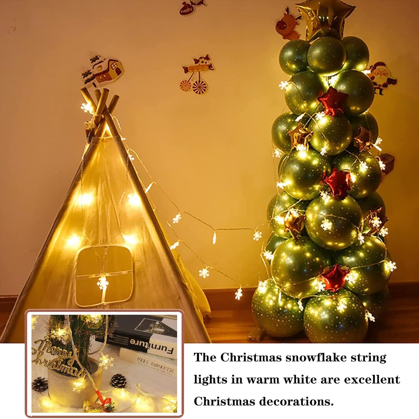 LuminGlow LED Snowflake Fairy Lights – Portable Camping and Picnic Lighting, IP44 Battery String for Outdoors