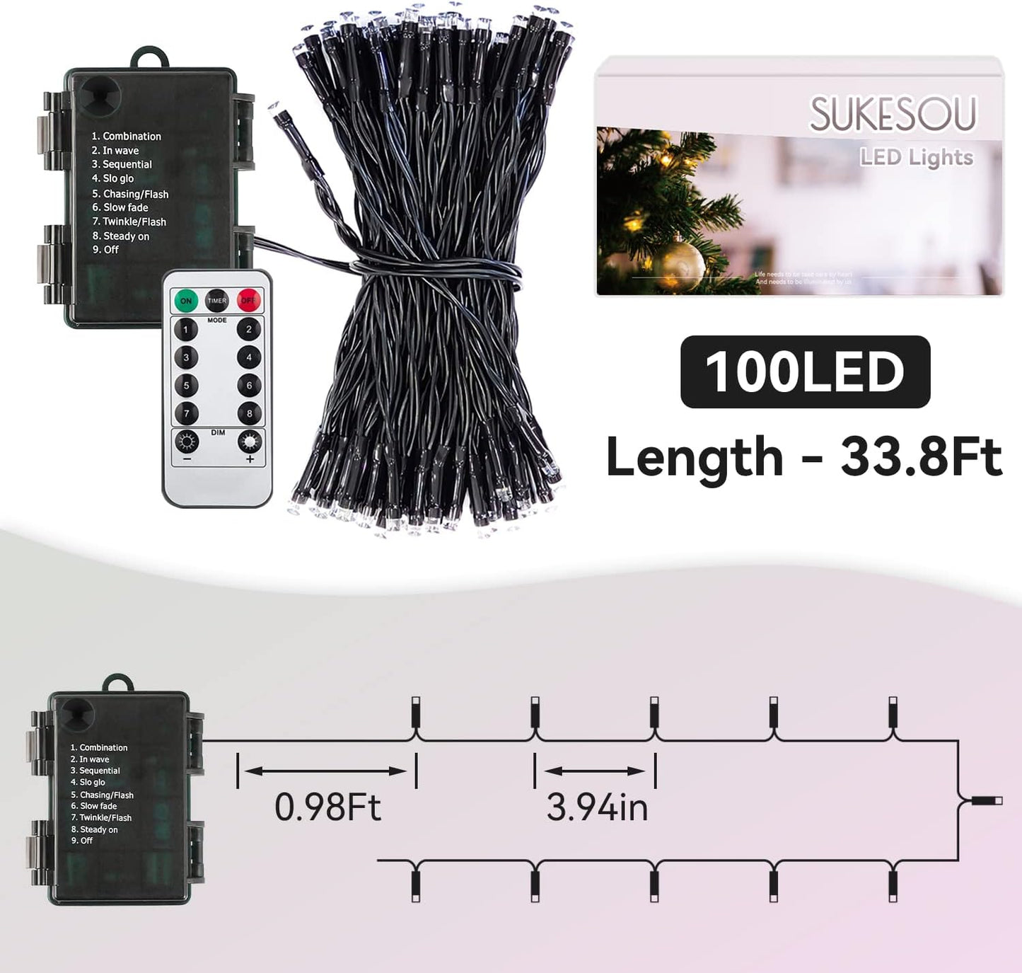 LUMIRESCO Battery Fairy Lights 33Ft 100 LEDs – Romantic Valentine's Day Gift for Her, Warm White Twinkle Lights with Timer for Indoor and Outdoor Ambiance