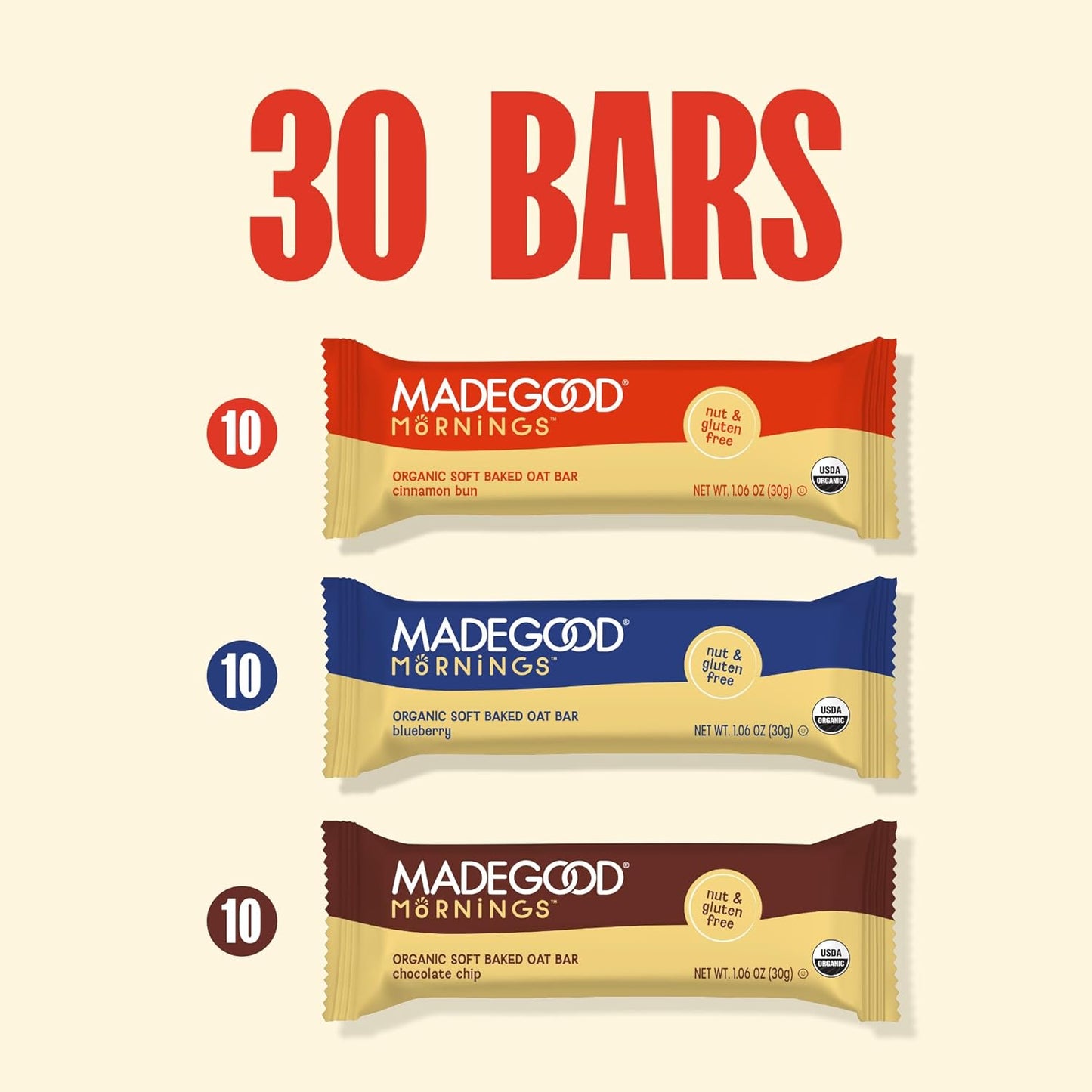 MadeGood Mornings Soft-Baked Oat Bars – Vegan Gluten-Free Pantry Staple for Nut-Free Classrooms, 30-Count Variety Pack