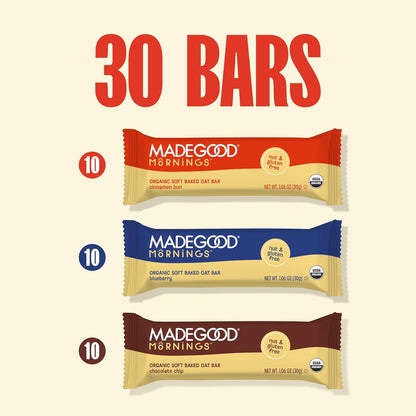 MadeGood Mornings Soft-Baked Oat Bars – Vegan Gluten-Free Pantry Staple for Nut-Free Classrooms, 30-Count Variety Pack
