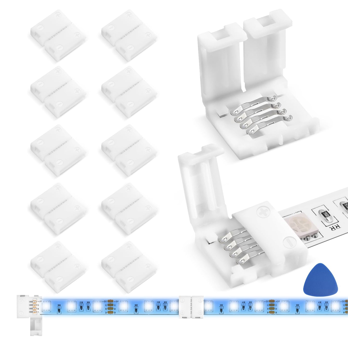 MISSOURI Solderless LED Strip Extension Connectors 10-Pack – Quick 4-Pin L-Corners for Studio, Craft Room, and Study RGB Ambient Lighting