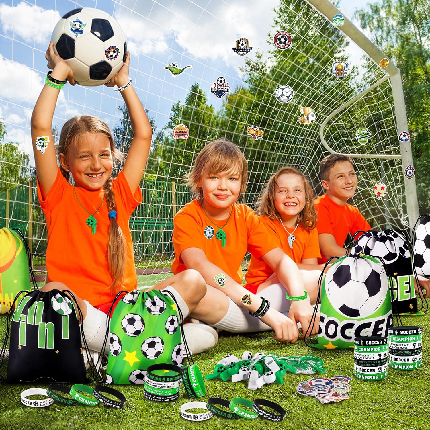 Miucat Soccer Goodie Bags for Outdoor Kids Parties – 98-Piece Set with Durable Silicone Bracelets for Field Day