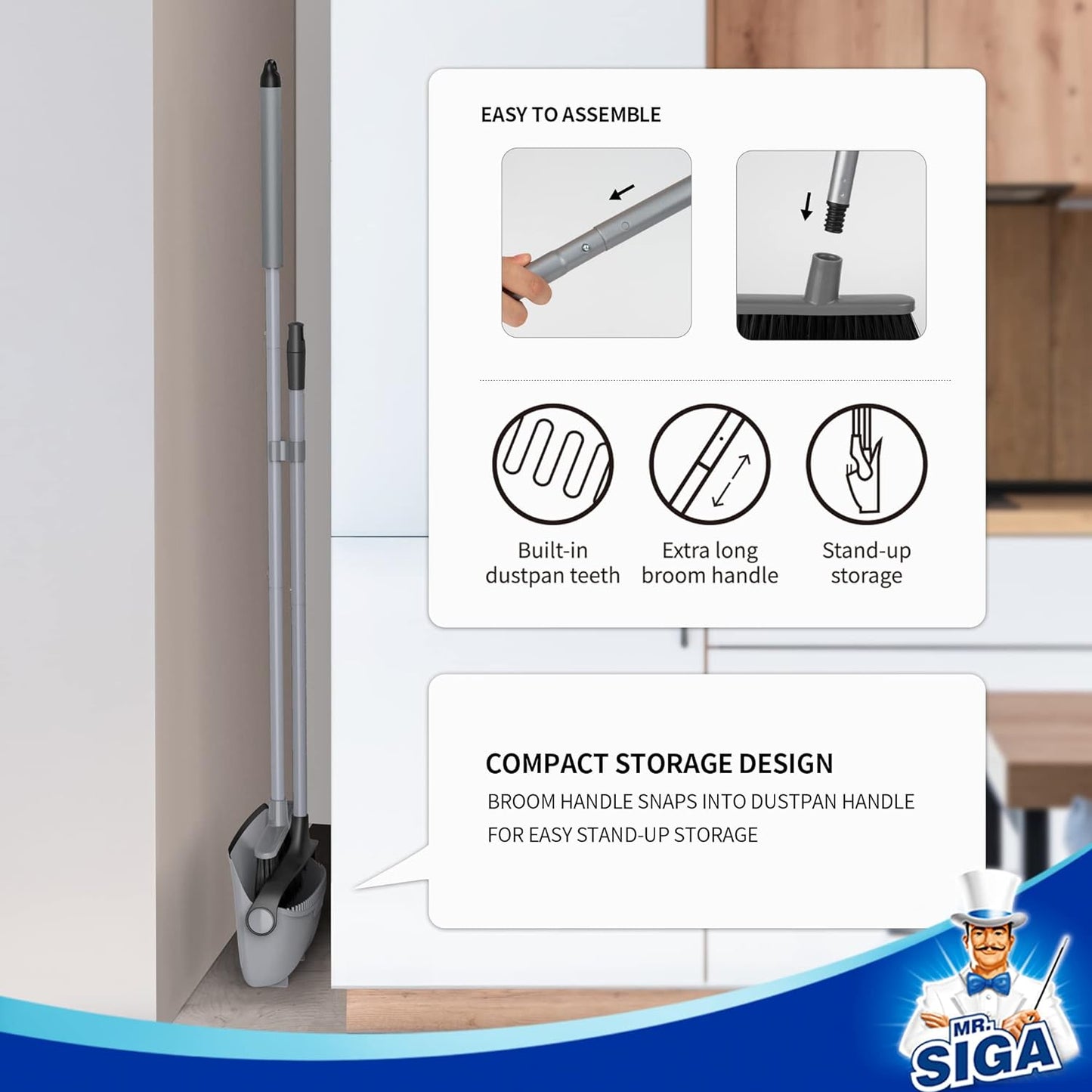 MR.SIGA Broom and Dustpan Set with Adjustable Long Handle, Upright Sweeper for Porch, Deck, and Outdoor Entryways, Gray
