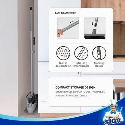 MR.SIGA Broom and Dustpan Set with Adjustable Long Handle, Upright Sweeper for Porch, Deck, and Outdoor Entryways, Gray