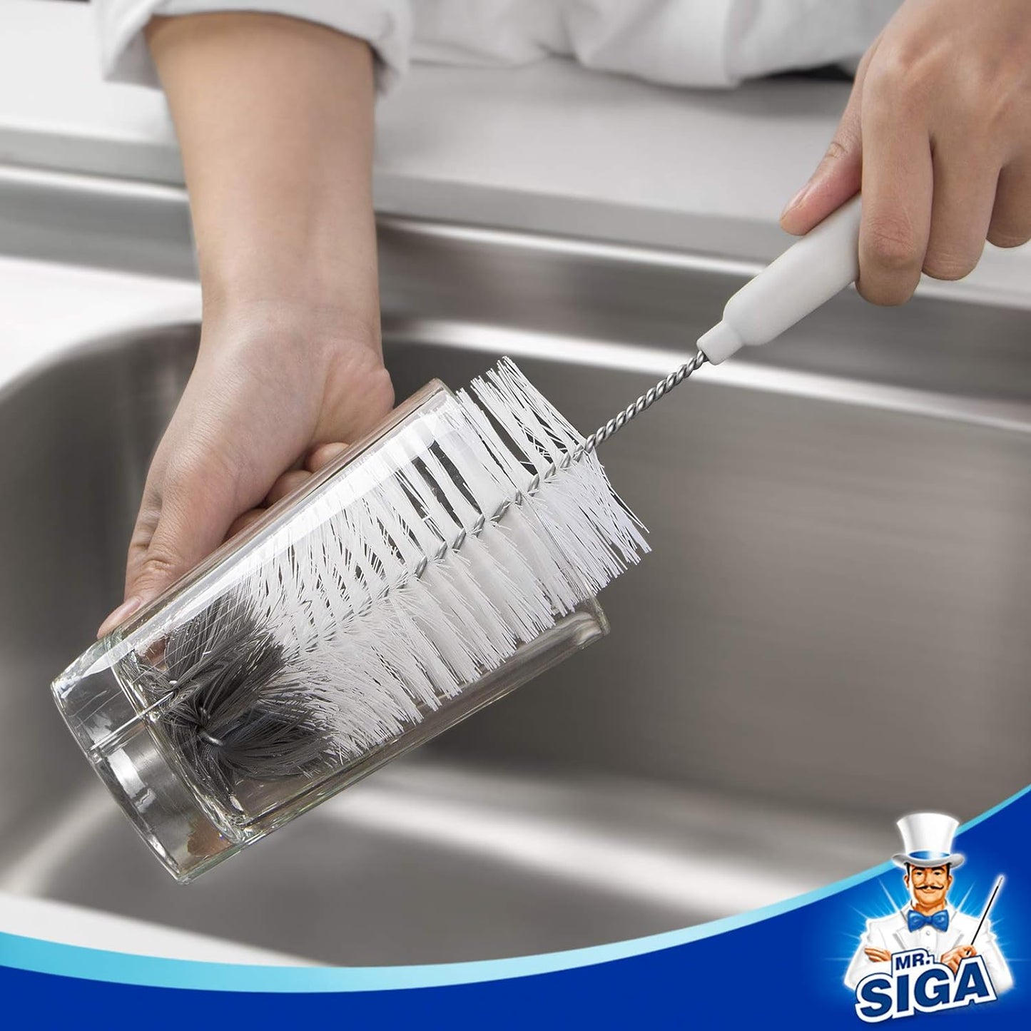 MR.SIGA Minimalist Bottle Cleaning Set, Neutral-Toned Brush & Holder for Intentional Counter Spaces