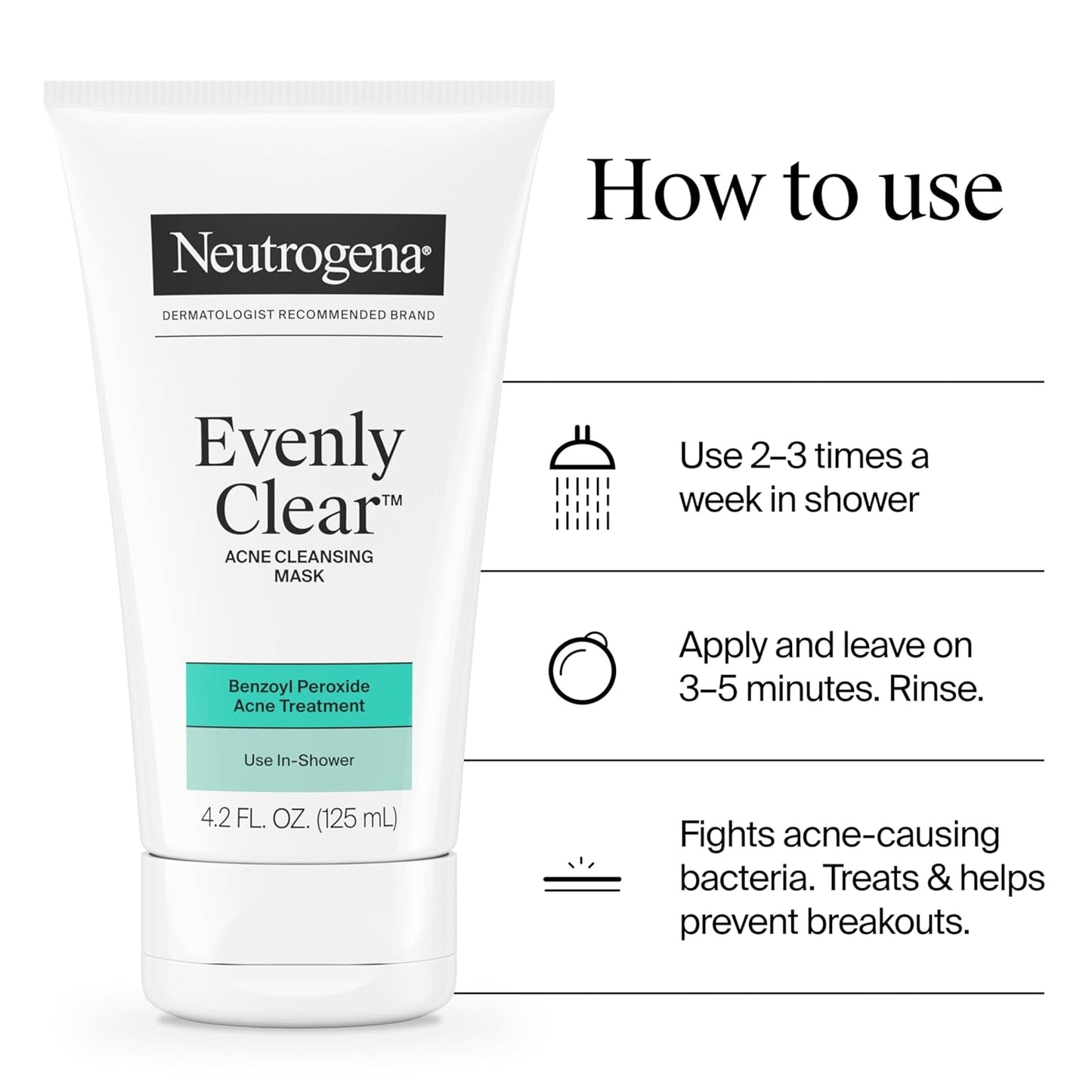 Neutrogena Evenly Clear Benzoyl Peroxide Clay Mask – One-Tube Simplicity for Effortless Acne Care Routines