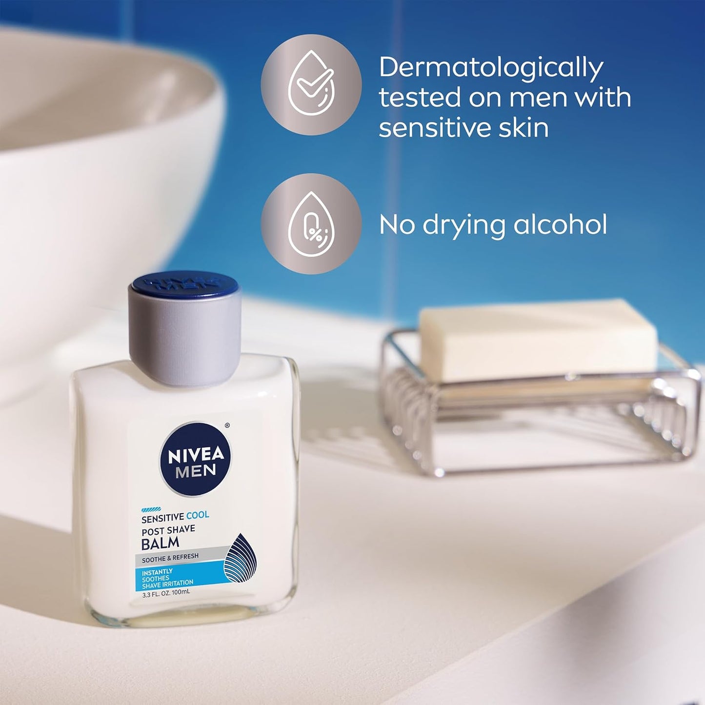 NIVEA MEN Sensitive Cool After Shave Balm, Skin-Safe Sensitive Shave Balm Free from Irritants and Harsh Alcohol, Family Bathroom Friendly, 3.3 Fl Oz, Pack of 3