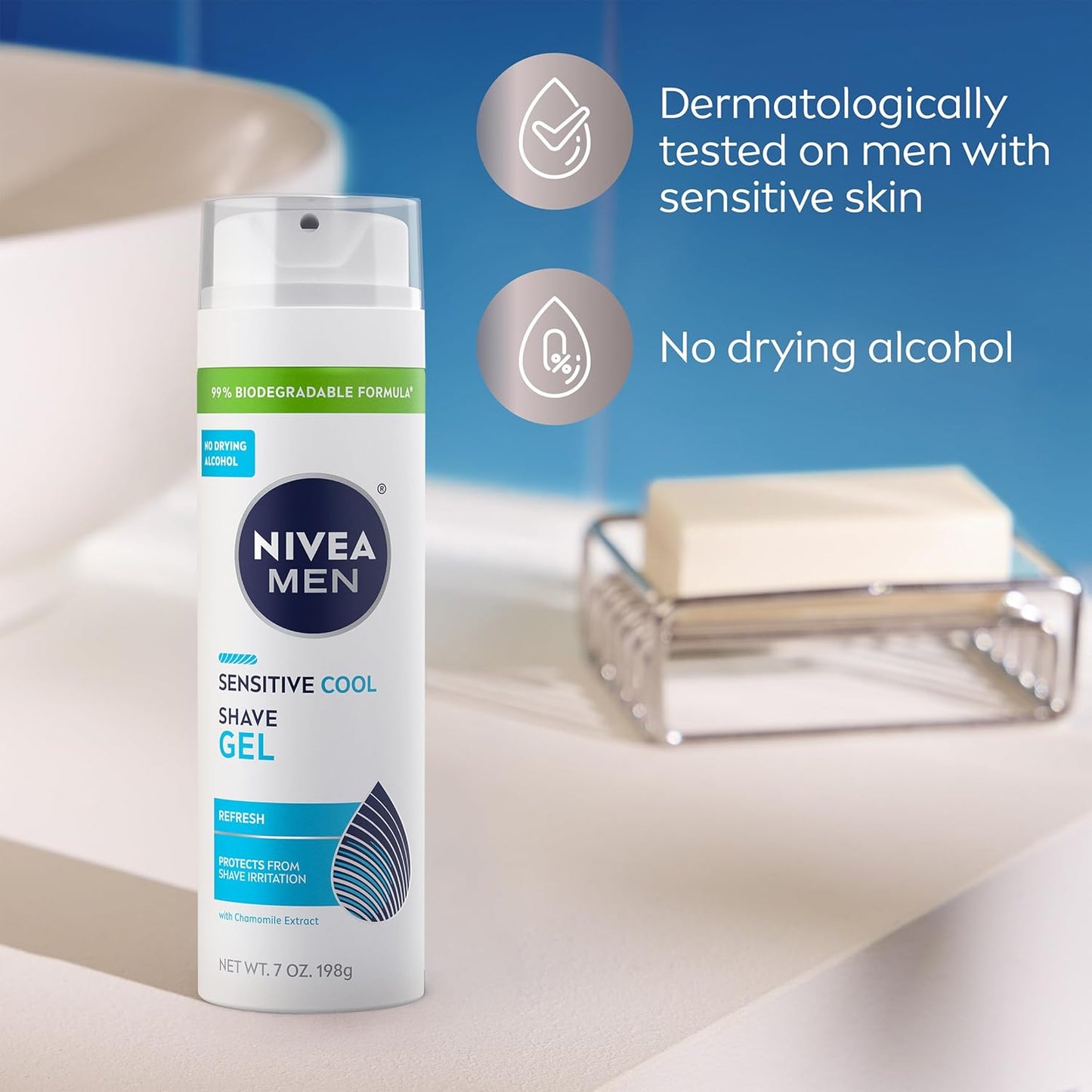 NIVEA MEN Sensitive Cool Shave Gel for Sensitive Skin, Alcohol Free Shaving Gel with Chamomile Extract, 7 Oz Can, Pack of 3 – Thoughtful Stocking Stuffer for Dads with Sensitive Skin