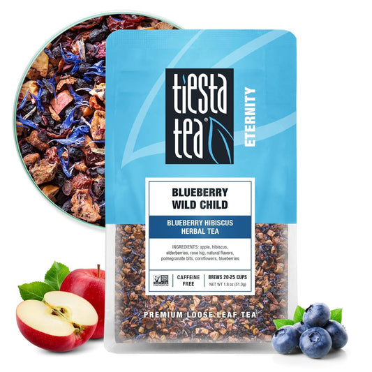 non-caffeinated herbal blend of blueberries, elderberries, hibiscus, apple pieces, and cornflowers